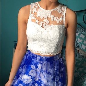 Long dark blue and white laced prom dress